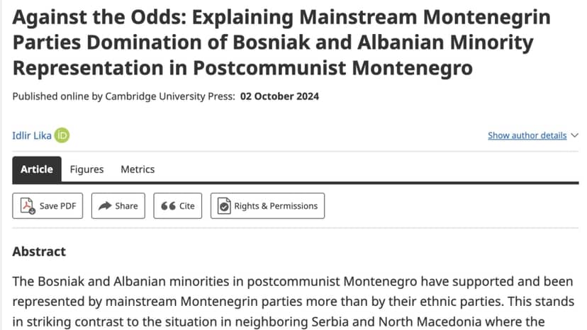 Idlir Lika's Study on Minority Representation in Montenegro Published